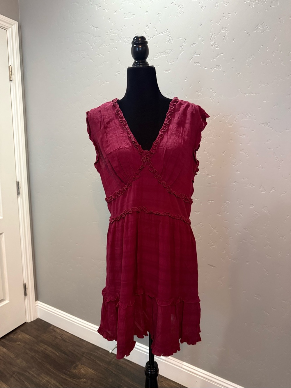 Shyanne Sleeveless V-Neck Ruffled Mini Dress in Deep Berry